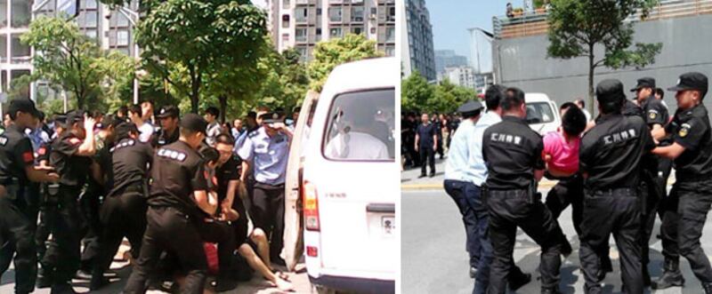 2013年6月3 日,遵義市紅花崗區南關鎮錦泰花園二百名維權業主代表,要求領導交代確實交房時間,上百特警在驅散業主期間發生衝突,十多人被打,九名業主被抬走。(業主提供)