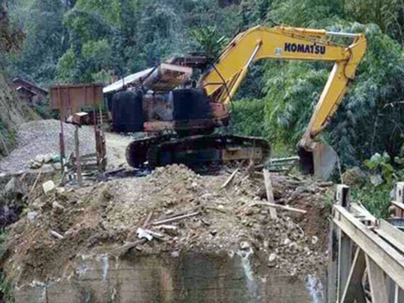 A bridge destroyed by the Kachin Independence Army in the Myitkyina region of northern Myanmar's Kachin state, Jan. 28, 2018.