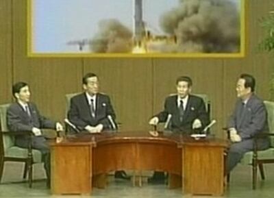 An official Korean Central TV symposium featuring scientists who worked on the missile program, April 8, 2009.