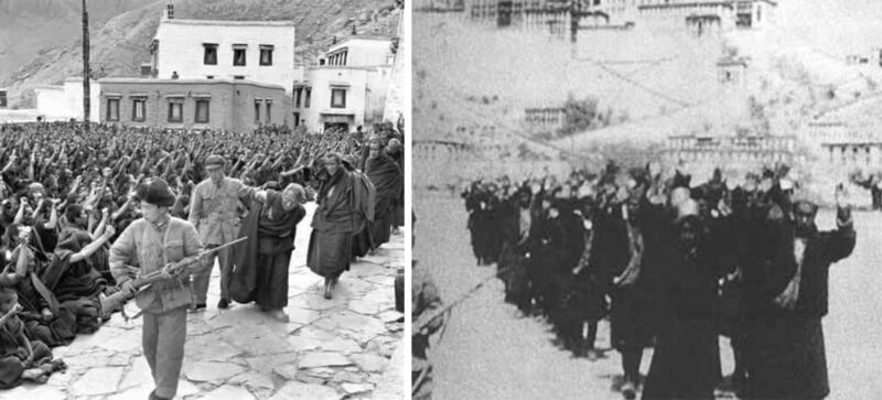 左图：中国宣传影片中批斗宗教领袖的镜头。右图：中国宣传影片中俘获藏人的镜头。（达赖喇嘛西藏宗教基金会提供）