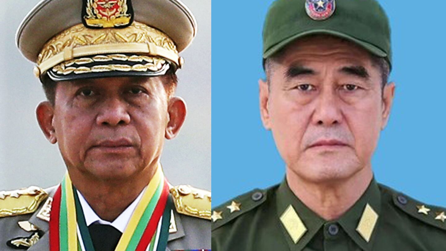 Myanmar’s junta chief Gen. Min Aung Hlaing, left, and Chief of Myanmar National Democratic Alliance Army (MNDAA) Peng Daxun, right.