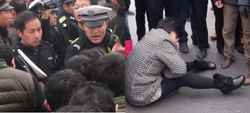 左图:市政府未有派員與示威工人對話,工人把市政府門外道路堵塞抗議,遭兩百警察暴力驅趕。右图:衝突中數名工人受傷,其中一名下崗女工遭警察踢傷肚部,其後召救護車送院。(相片由下崗工人提供)