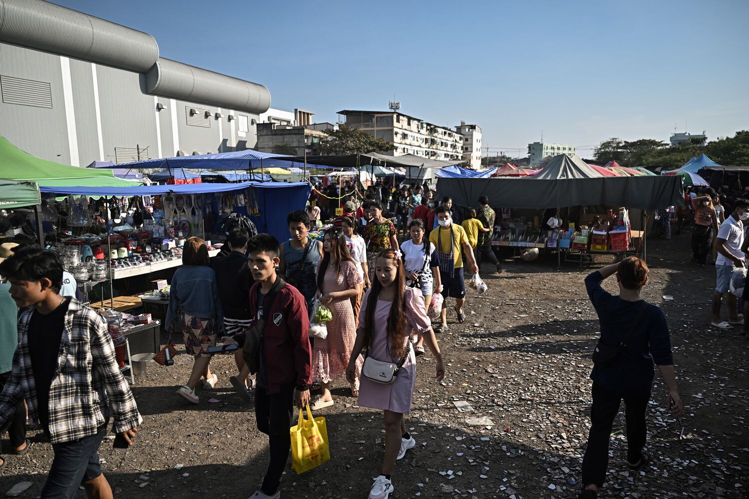 An outdoor market frequented by Myanmar migrant workers in Thailand’s Samut Sakhon province on Jan. 26, 2025.