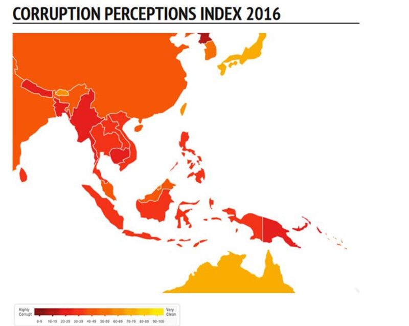 Việt Nam là nước có tỷ lệ tham nhũng cao dựa theo bản đồ do Transparency International cung cấp.