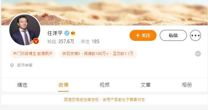 有中国媒体周三（12日）发现，他的微博及微信公众号已遭到禁言。（任泽平微博截图）