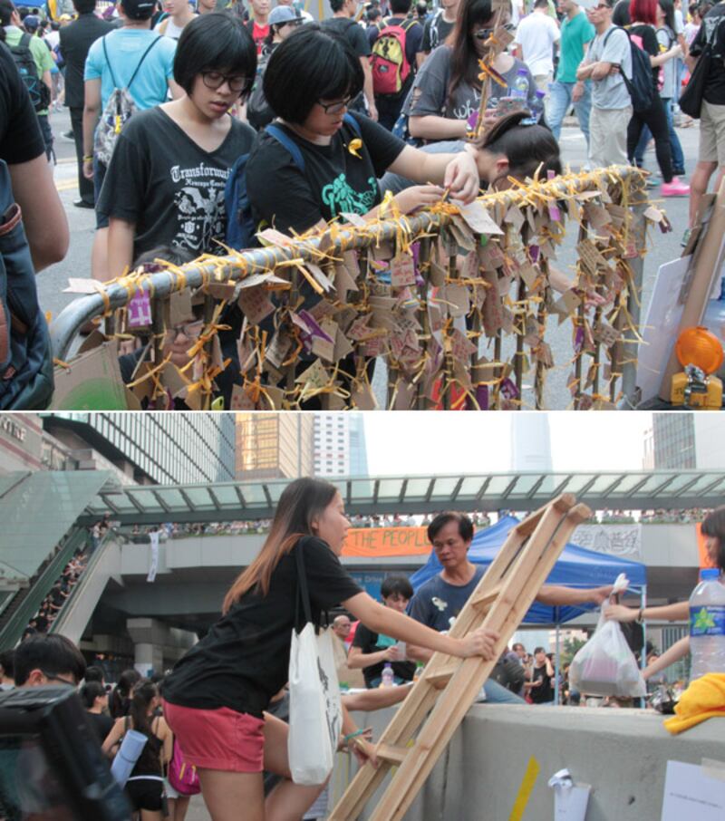 上图：2014年10月1日，金鐘的集會現場，設立許願區，市民可在這裡寫上祝福香港的語句。下图：自發組成的糾察, 在現場協助其他市民通行。(粵語組記者文宇晴攝)