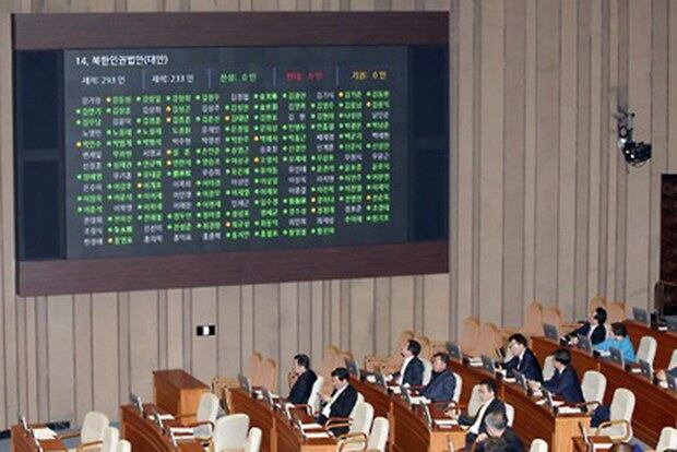 2일 밤 국회 본회의에서 북한의 인권 문제를 다룰 근거와 기구를 마련하는 내용의 북한인권법 제정안이 통과되고 있다