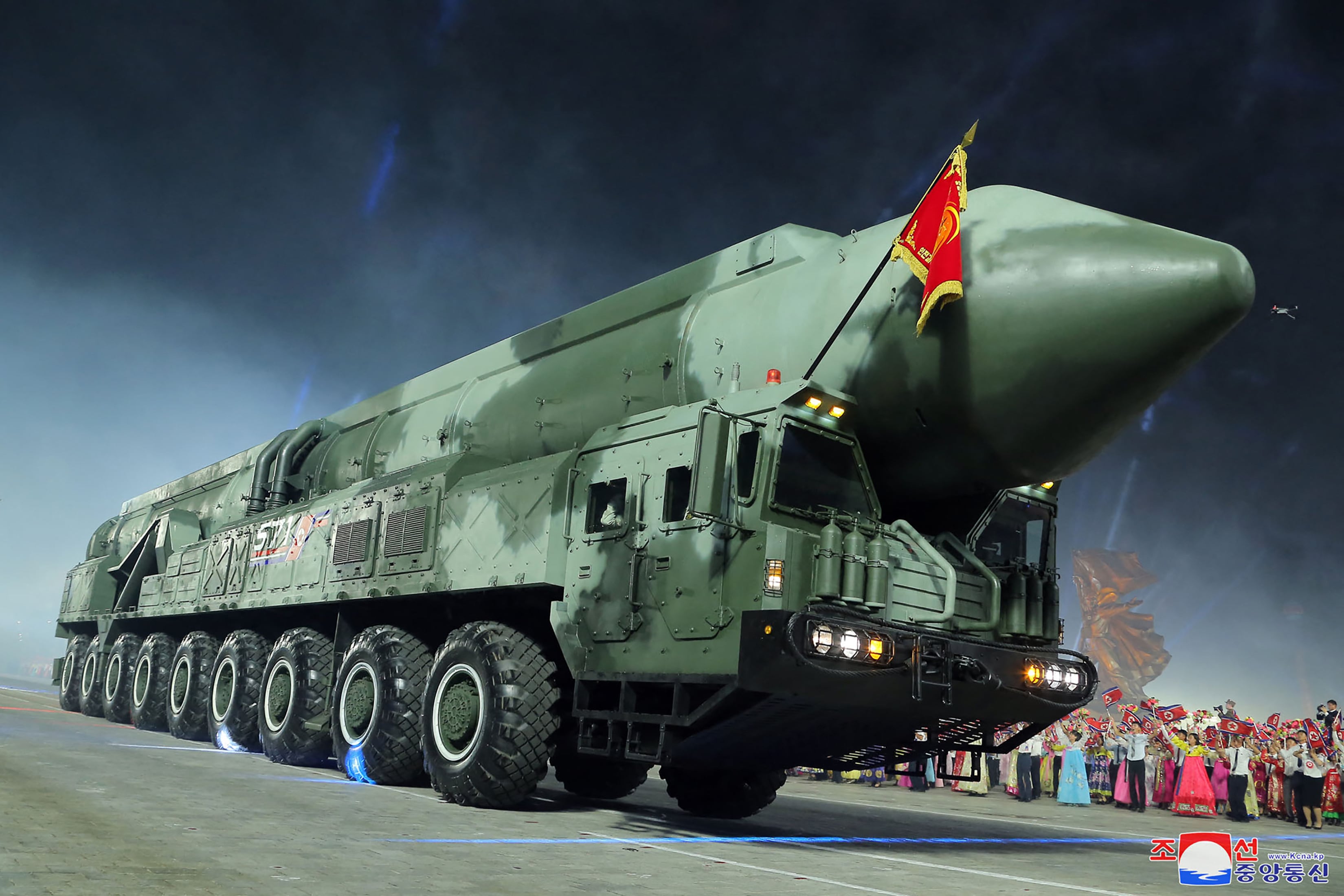 This image released by the North Korean government and not independently verified shows a model of the intercontinental ballistic missile (ICBM) Hwasong-18, being paraded at Kim Il Sung Square in Pyongyang, July 27, 2023.