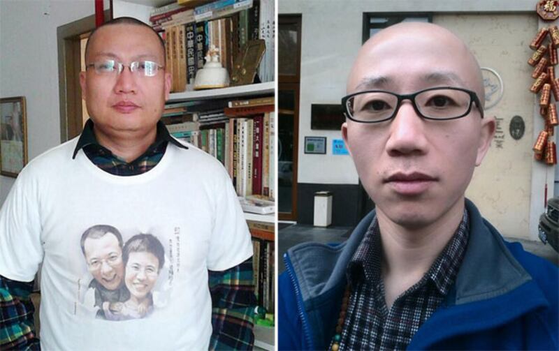 左圖:廣州異見人士野渡剃頭撐劉霞。(照片來自野渡推特)右圖:北京異見人士胡佳,亦剃頭表達支持劉霞。(照片來自胡佳推特)