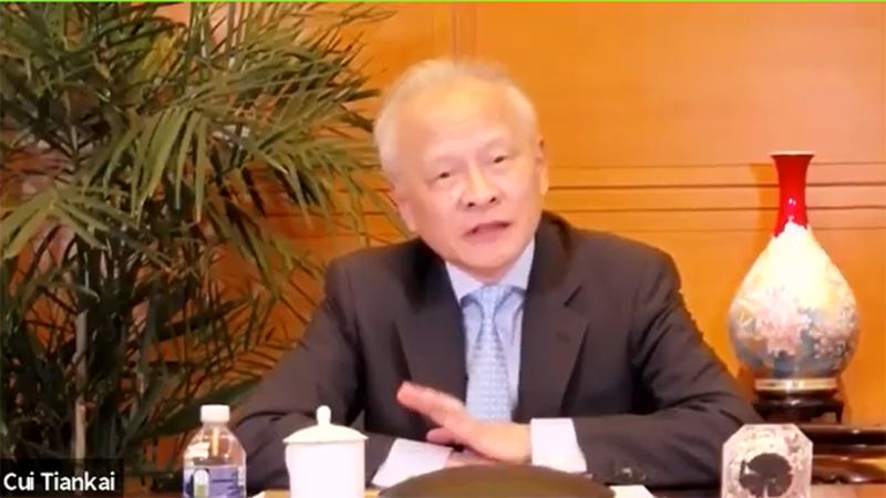 中国驻美大使崔天凯说，美中关系正处于“重要转折点”，局势“前所未见”，两国如果重覆当年美国与苏联的冷战局势，对世界没有好处。（视频截图/美国华盛顿智库阿斯彭研究所）