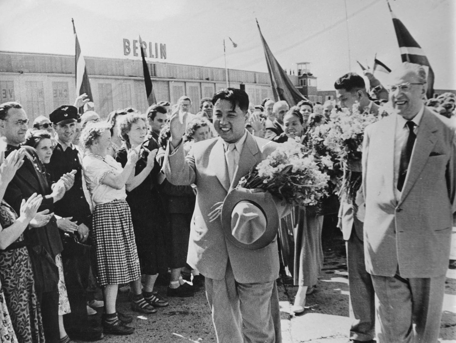 North Korean leader Kim Il Sung arrives at Schönefeld Airport in East Berlin, and is welcomed by Otto Grotewohl, Prime Minister of the German Democratic Republic June 6, 1956.