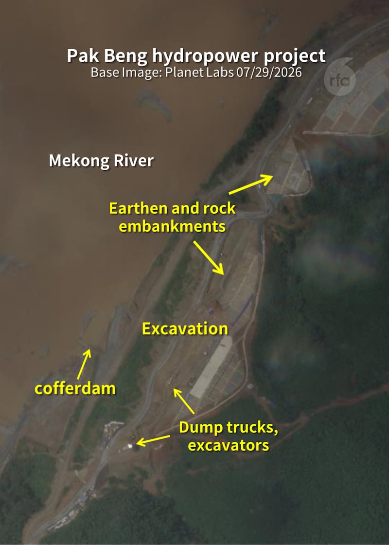 The Pak Beng hydropower project began construction in late 2025 with a large earthen and rock embankment. Workers appear to be excavating and laying the foundation for the dam's main structure.