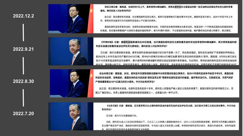 中國外交部在例行發布會上多次指控美國在敘利亞「偷油」。（圖/中國外交部網站截圖）