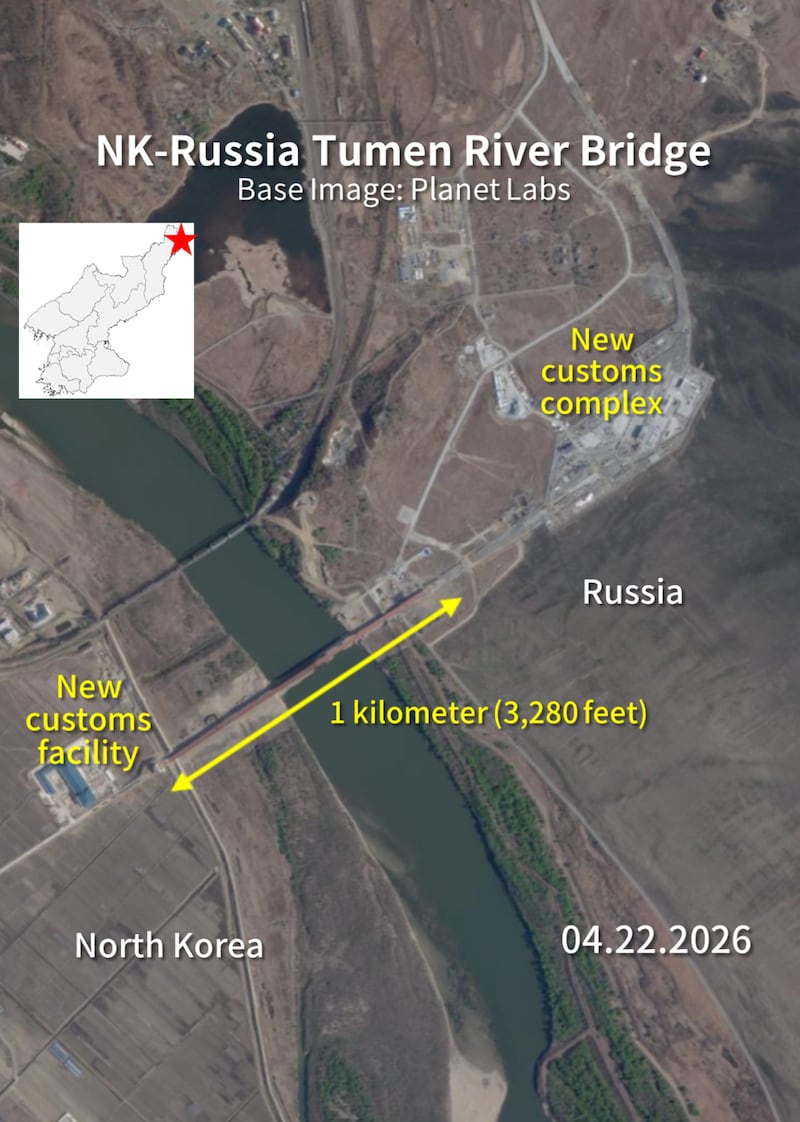 According to satellite imagery, North Korea and Russia are rushing to complete final construction work of customs facilities roads, and checkpoints linked to the Tumen River Bridge.
