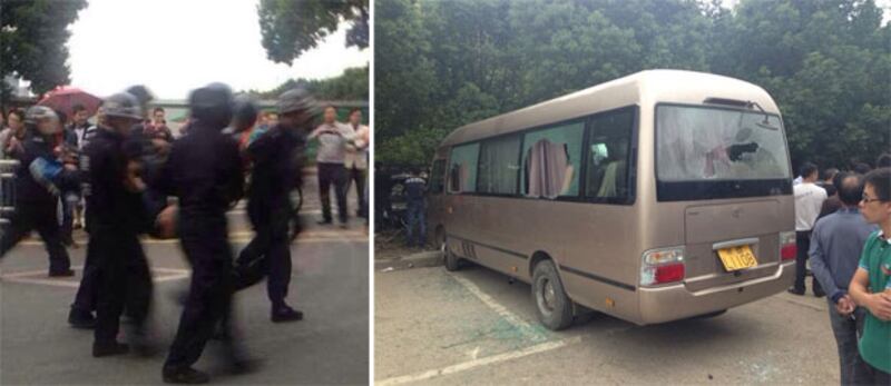 衝突事件中，有示威的民眾被多名警察抬離現場，也有政府的車輛被砸。（示威者拍攝）