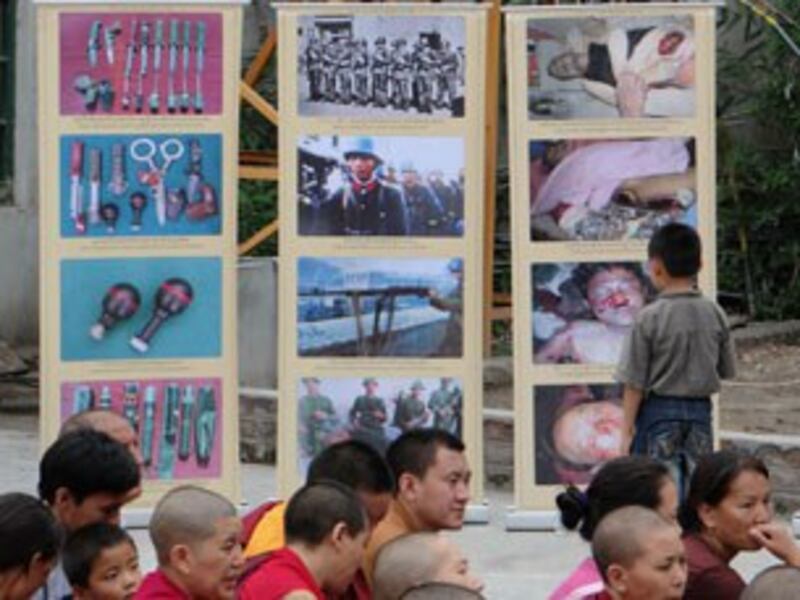 图片:纪念活动一侧的酷刑图片展(记者丹珍拍摄)