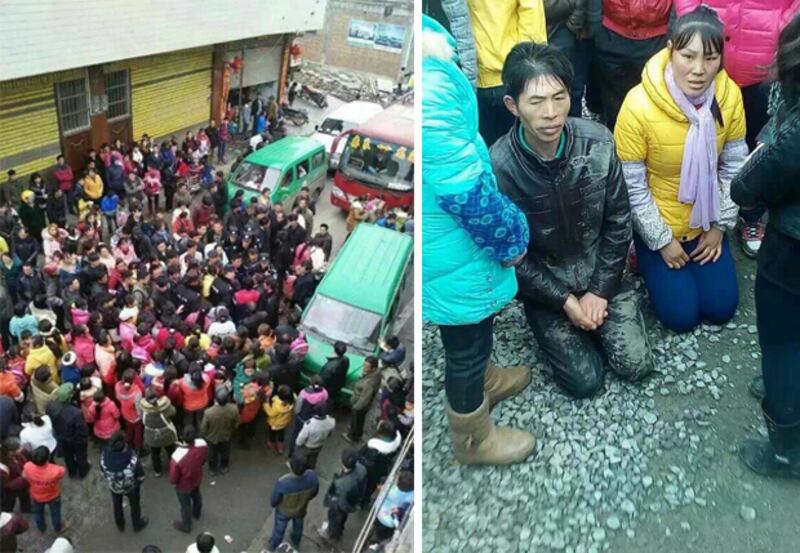 左圖: 2015年3月2日,百多名昭通市彝良縣的村民,在遊行至縣政府請願時,遭到武力鎮壓。 右圖: 2015年3月1日,有村民跪下來,請求小草霸鄉政府為其子女轉往其他學校就讀。(村民攝)