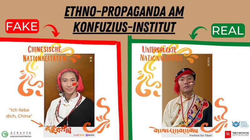世維會與德國西藏倡議兩家人權機構聯合發聲明,譴責慕尼黑孔子學院用漢人員工假扮藏人、維吾爾人等少數民族以及在社交媒體發布P圖,宣稱這些少數民族「熱愛中國」。世維會發布 「自由東突厥斯坦」圖片。 (世維會推特圖片)