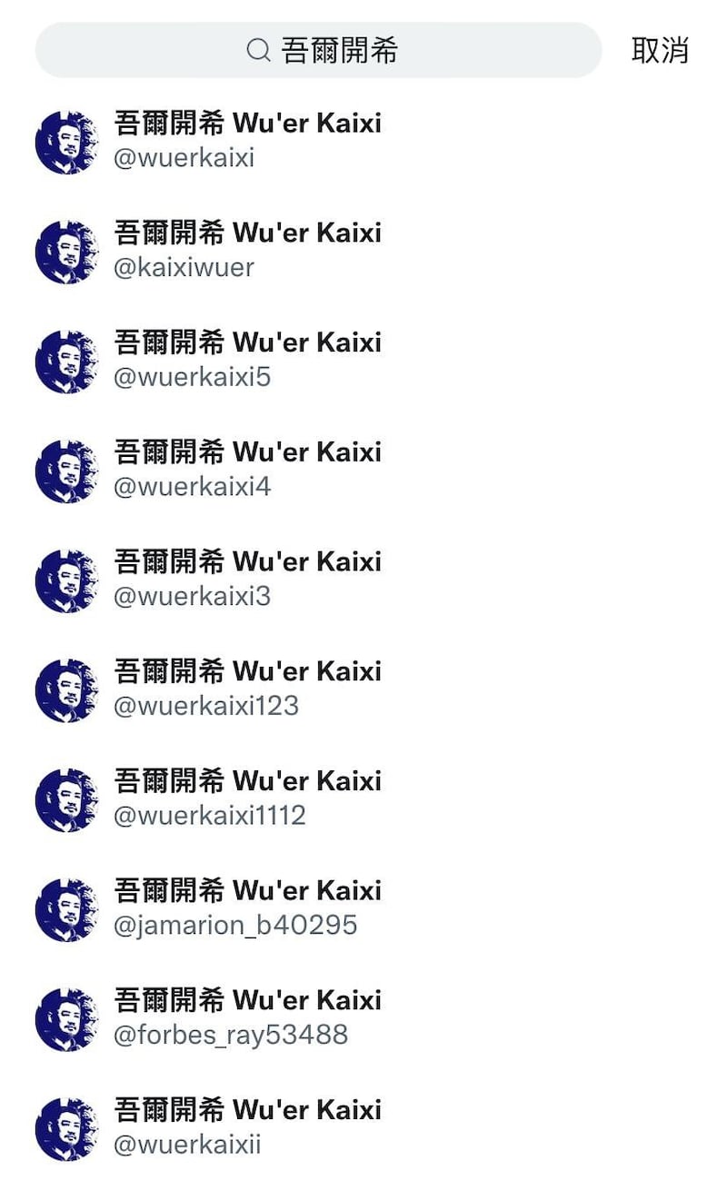 推特搜寻「吾尔开希」，出现一串名称、头像一样的帐号。（图取自推特）