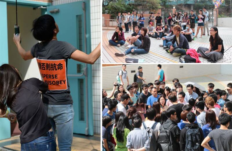 樹仁大學校方代表與學生就拆除直幡進行對話。數十名學生靜坐抗議校方的拆除意圖。有學生一度在身上貼上標語，表示校方強行拆除直幡，便會將抗議行動升級。（樹仁行動Facebook） 