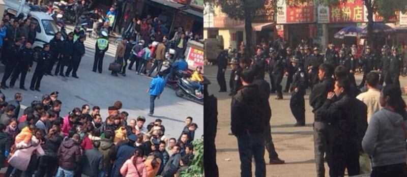 當局派出逾百警察，來到汽車總站包圍罷工的大巴車主，準備鎮壓行動。(罷工車主攝)