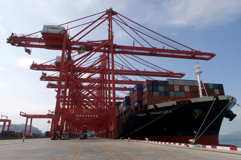 This Sept. 27, 2020, photo shows a container ship in Shenzhen, Guangdong province, China.