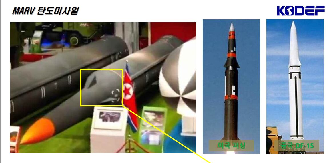 북한 국방발전전람회에 전시된 기동식 재진입체(MARV) 탄도미사일.