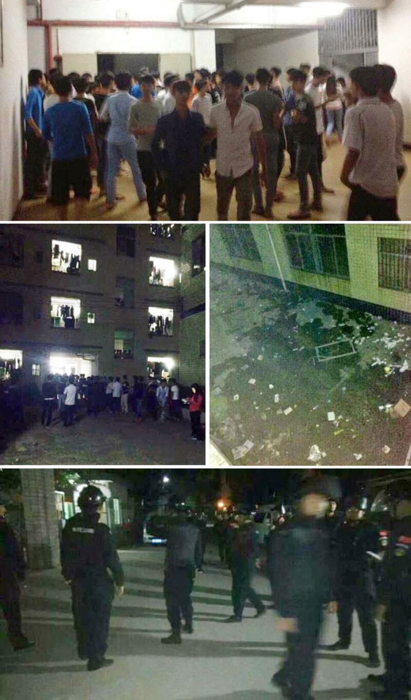 11月4日晚上，廣東省經濟貿易職業技術學校千多名學生，在宿舍集體抗議飯堂價錢高質量差。學生打爛飯堂玻璃，並從宿舍扔垃圾到地下抗議。二十多名特警到場戒備。（照片由維權人士提供） 