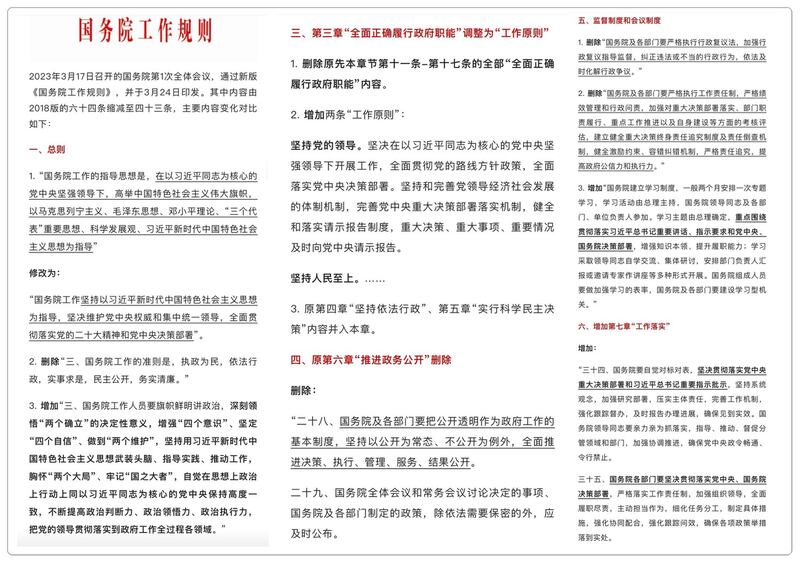 中国国务院通过新版《国务院工作规则》，条款由此前的64条减至43条，工作指导思想为以习近平为核心的党中央，删除了马克思列宁主义、毛泽东思想、邓小平理论，江泽民三个代表和胡锦涛的科学发展观。（网页截图/古亭提供）