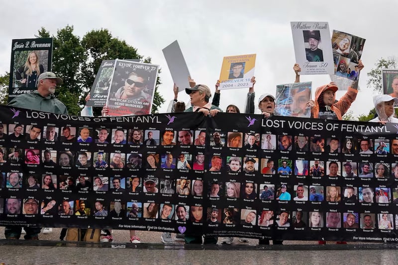 Campaigners for "The Lost Voices of Fentanyl" protest outside the White House in Washington, Sept. 23, 2023.