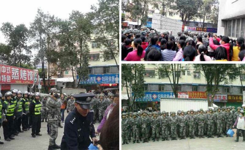 12月18日,大批防暴隊及特警到深達圳慶盛服飾皮具工廠驅趕罷工工人。(維權人士提供)