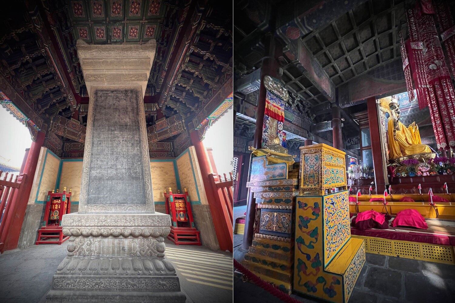 左图:今年2月又去雍和宫,这是《御制喇嘛说》一碑四文的藏文面。右图:雍和宫大殿内左边的空法座,原立的“达赖喇嘛讲经宝座”小牌子现已无。