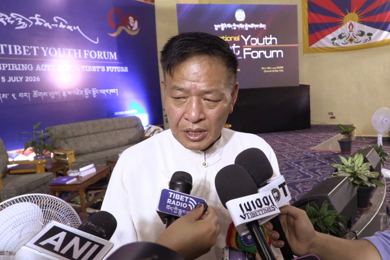 Penpa Tsering, leader of the Central Tibetan Administration, speaks to reporters in Dharamsala, India, July 3, 2026.