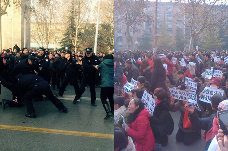 左圖：2015年1月7日，合作社的會員在刑台市政府外請願時，雙方發生推撞，有示威者被數名警察包圍。(會員攝) 右圖：會員手持標語跪地求政府徹查。(會員攝)