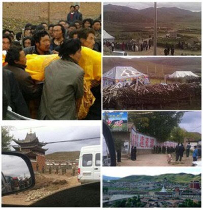 图片： 其他乡村的藏人参加祈福法会以及当地被军警戒备的场景。 （受访人提供/记者丹珍）