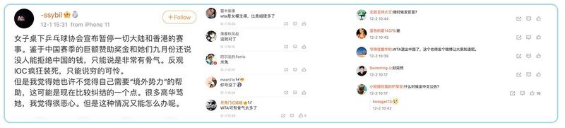微博讨论WTA评论,现已遭删除。(微博截图)