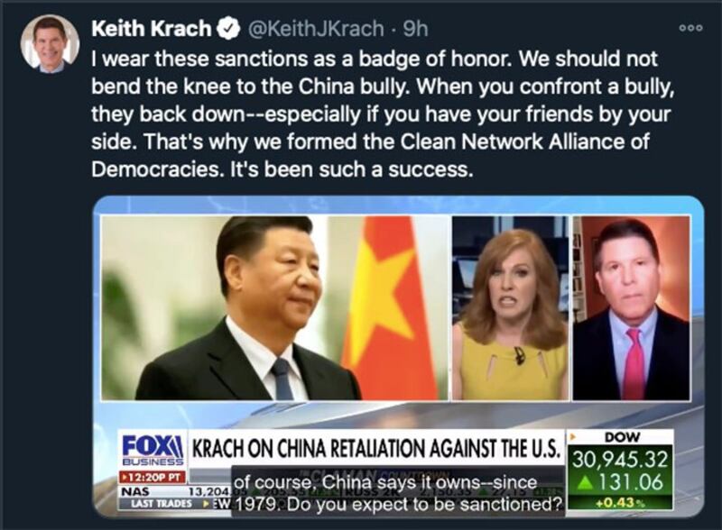 美国前国务院次卿克拉奇回应遭制裁是荣誉。(截图自推特)