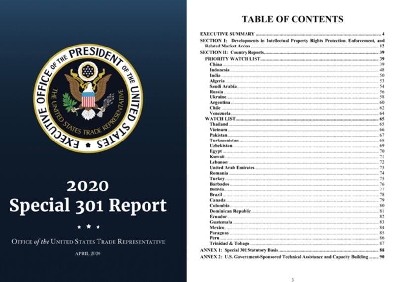 2020年4月29日,美國貿易代表辦公室(USTR)發布年度「特別301報告」,其中將中國列在10個知識產權「優先監視國」的首位。(美國貿易代表辦公室官方推特帳號截圖)