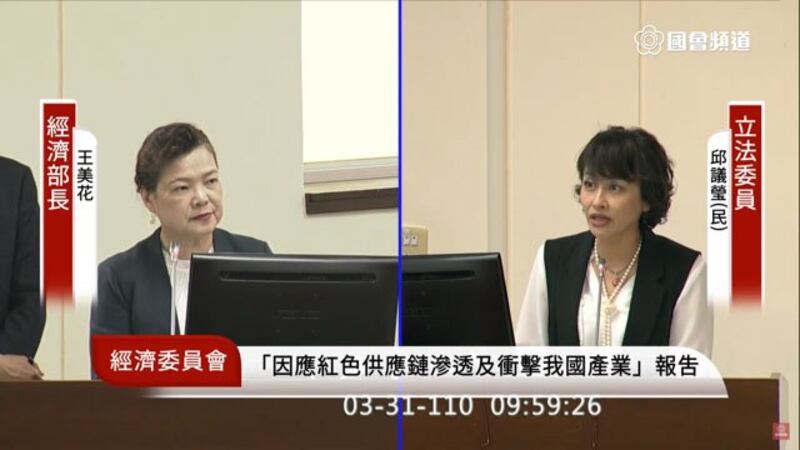 民进党立委邱议莹(图右)质询台湾经济部长王美花(左)。(截图自台湾立法院直播)