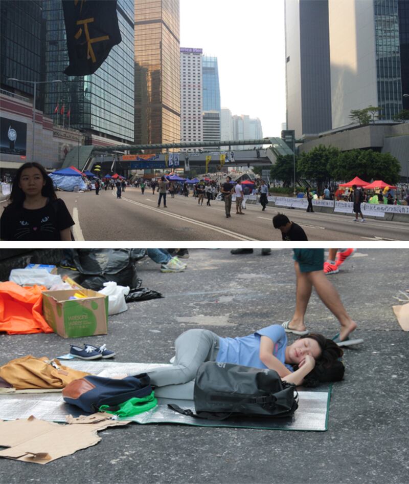 上圖: 在金鐘集會人士不多，場面冷清。下圖: 集會者在旺角蓆地而睡。(文宇晴拍攝)