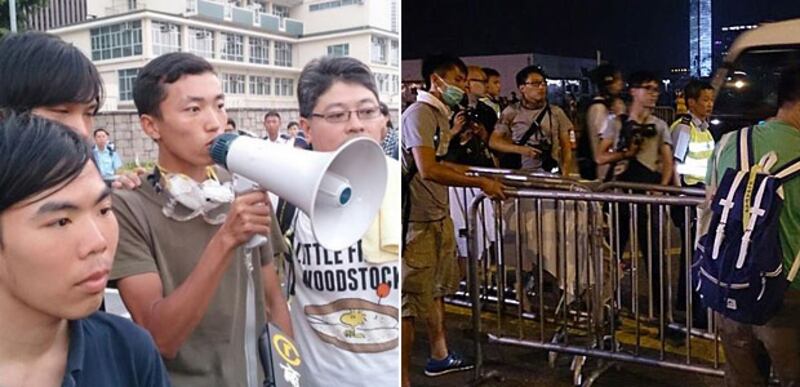 左图：2014年10月5日，一批為數十多人的示威人士，傍晚五時許，突然進行投票，其後宣布撤離。右图：有重返特首辦外的示威者，再次將鐵馬搬到龍和道旁，阻止車輛駛入。(現場人士攝)