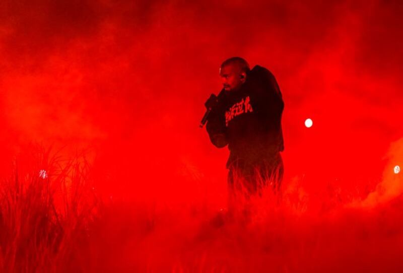 American rapper Kanye West performs during his Vultures Listening Experience at Wuyuan River Stadium in Haikou, capital of China's Hainan province, Sept. 15, 2024. Luo Yunfei/China News Service/VCG via Getty Images