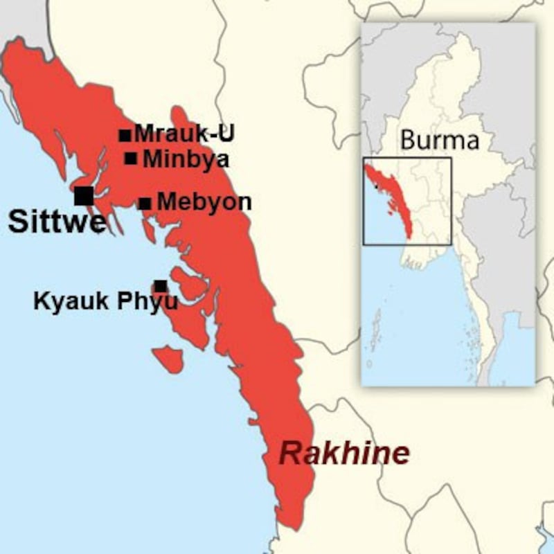 A map of Rakhine state showing renewed ethnic violence since Oct. 21, 2012.