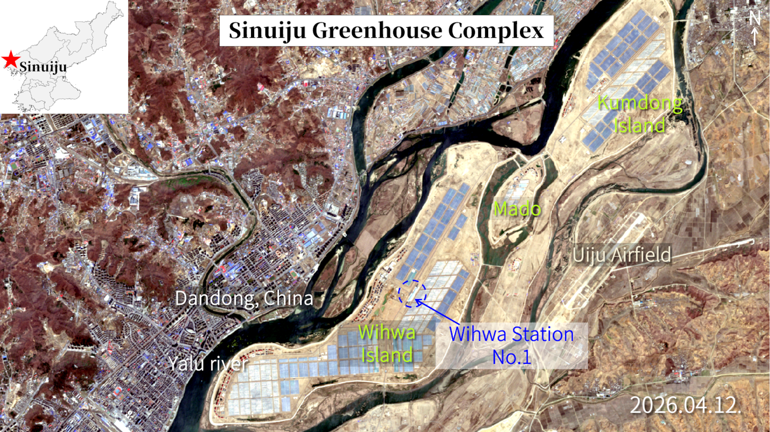 Satellite imagery from the European Space Agency's (ESA) Sentinel-2C shows long rectangular greenhouse structures arranged in neat, parallel rows, with grid-patterned internal roads, research buildings, and management facilities visible throughout the complex.  Analyzed by Bruce Songhak Chung