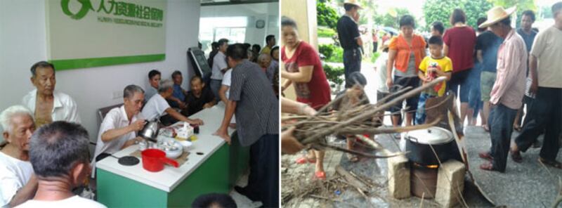 廣東省汕頭市逾千名蓮塘村村民，周一（7月15日）起連續五日通宵佔據鮀蓮街道辦，要求見書記，解決土地糾紛。由於書記一直避見村民，村民甚至會在街道辦外，生火煮食，作好與當局打持久戰的準備。（村民提供） 