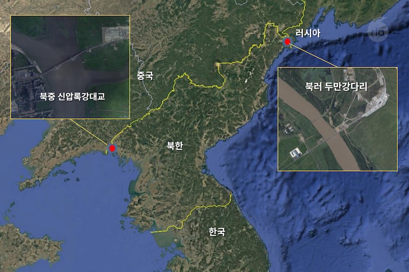 북중 신압록강대교와 북러 자동차 다리의 위치를 보여주는 지도