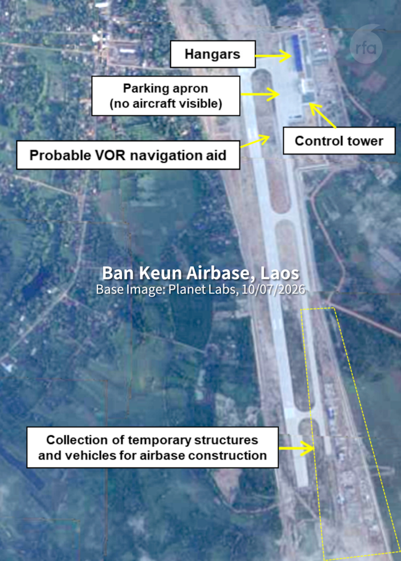 This satellite image taken Oct. 7, 2026 shows that previously visible aircraft have likely been moved into their hangars. Next to the southern end of the runway are what looks like workshops and other temporary construction infrastructure.