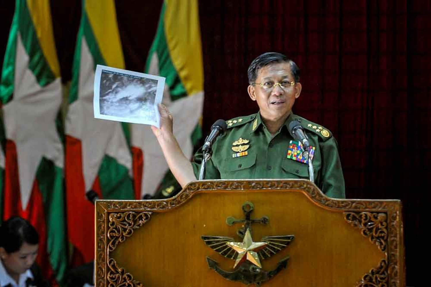 Myanmar military chief Min Aung Hlaing in Naypyidaw on June 10, 2017, at a donations event for victims of the military transport plane crash in the Andaman Sea.