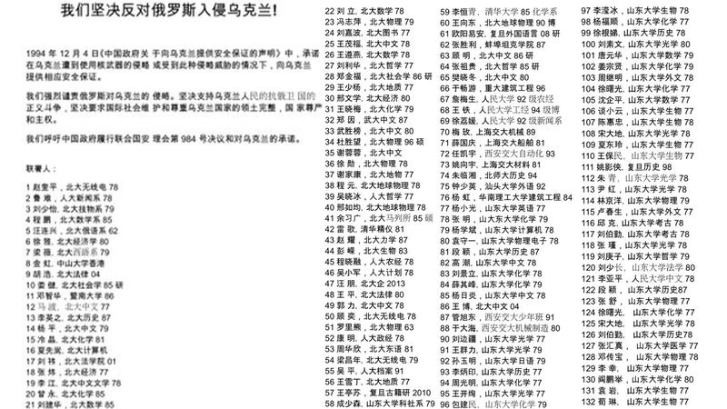 孫江、王立新、仲偉民、陳雁及徐國琦等5位歷史學家發公開信，反對俄羅斯入侵烏克蘭，另外，有海內外一百多位大學校友發起聯署。（網絡截圖）