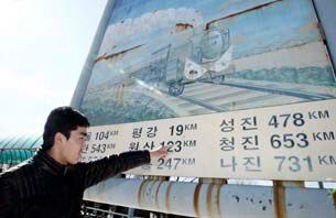 한겨레중고교에 재학 중인 한 탈북 학생이 지난 2일 강원도 철원군 경원선 최북단 월정리역에서 고향 청진까지의 거리가 적인 이정표를 살펴보고 있다.